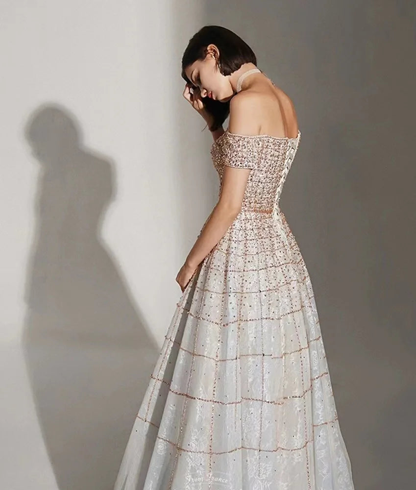 Luxury Dubai Mint Green Evening Dresses Elegant Off Shoulder Lilac Arabic Formal Dress for Women Wedding Party