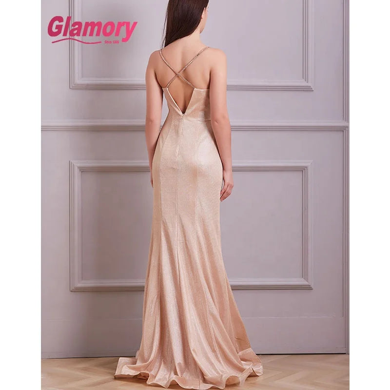 Spaghetti Strap A-line Lady Long Hot Drilling Rose Gold Gown Evening Dress