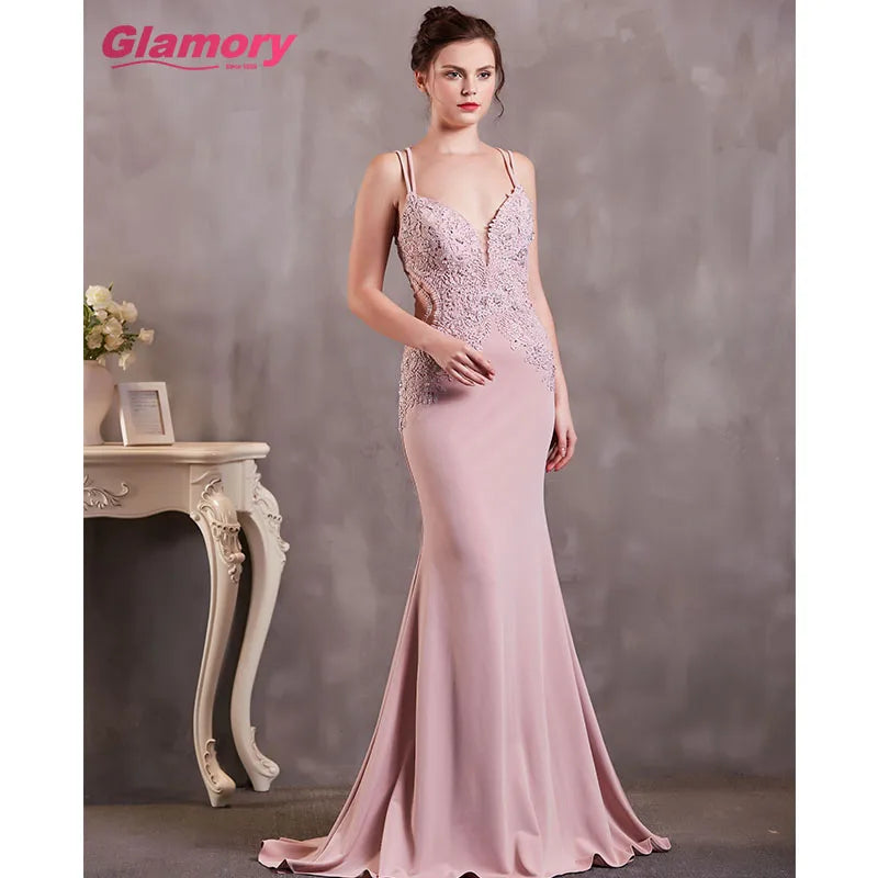 High Quality Sexy Suspenders Dresses Lace Appliques Long Evening Dress Summer Wear Bodycon Prom Gown