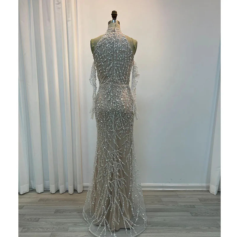 Bride Nude Pearls Halter Sleeveless With Gloves for Women Party Gown Elegant Cocktail Night Gowns