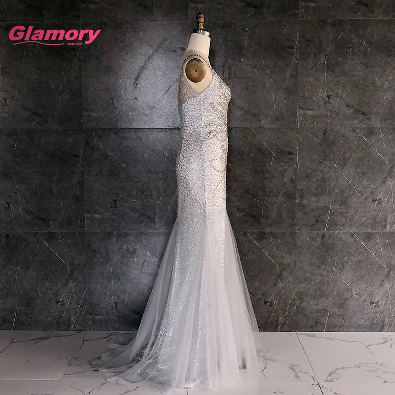 Wholesale Sexy Shiny Tulle Beaded Party Evening Dresses V Neck Mermaid Fishtail Long Graduation Prom Dress