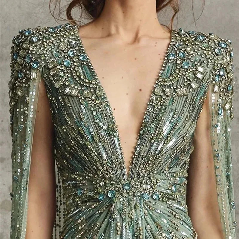 Green Evening Dresses Luxury Dubai With Cape Fuchsia Crystal Gold Mermaid Women Wedding Formal Party Gownlle Adults