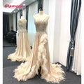 Champagne Heavy Beaded WIth Feather High Slit Sexy Open Leg Prom Dress Formal Evening Dresses 2020