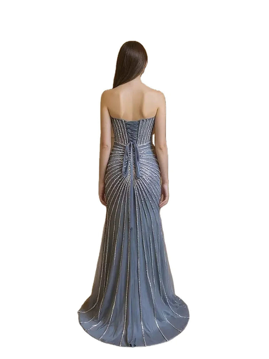 Smoky Blue Strapless Mermaid Hand Pleated Corset Crystal Embellished Sparkling Formal Prom Gala Dress