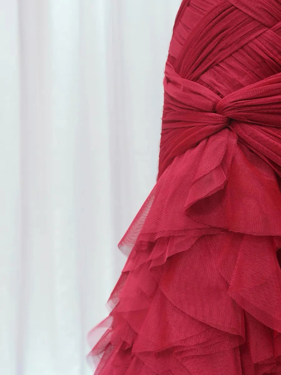 Burgundy & Blue Mermaid Prom Dresses Sweetheart Sleeveless Tiered Tulle Evening Dresses for Women Formal Party Gowns