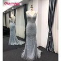 Sky Blue Sparkly Evening V-Neck Spaghetti Strap Halter Long Slim Prom Dress
