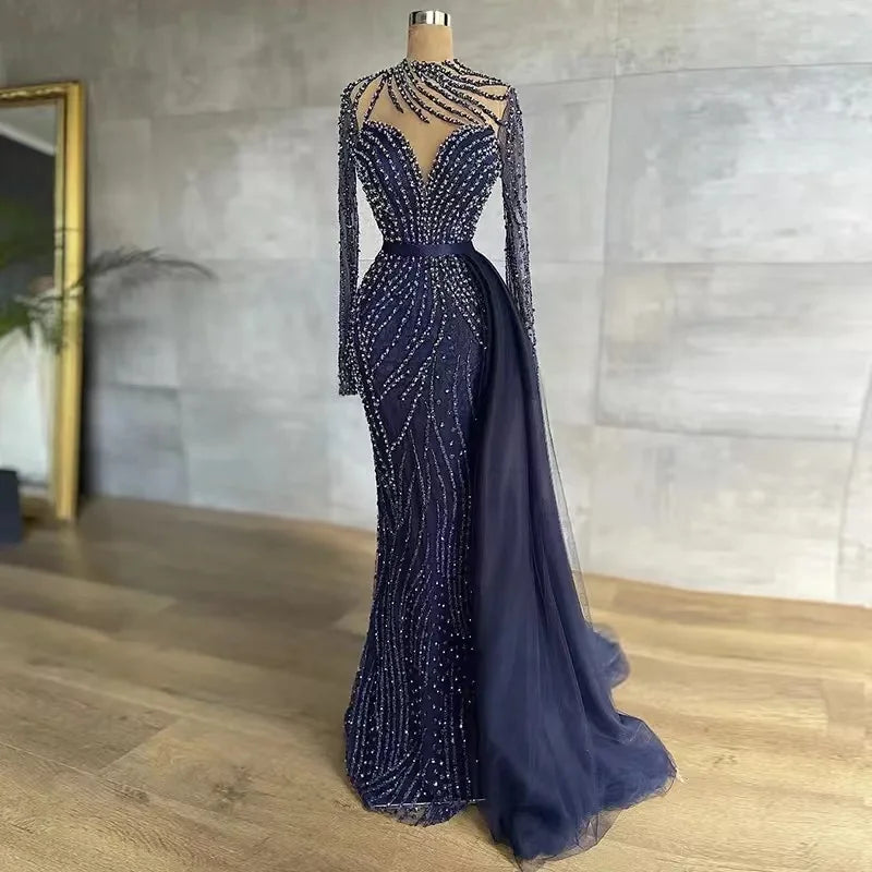 New Navy Blue Mermaid Dubai Evening Dress With Detachable Skirt Long Sleeve Arabic Formal Gowns for Women
