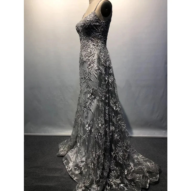 Gray Fashion Style V-Neck Party Gown Sleeveless Beading Embroidery Evening Dresses