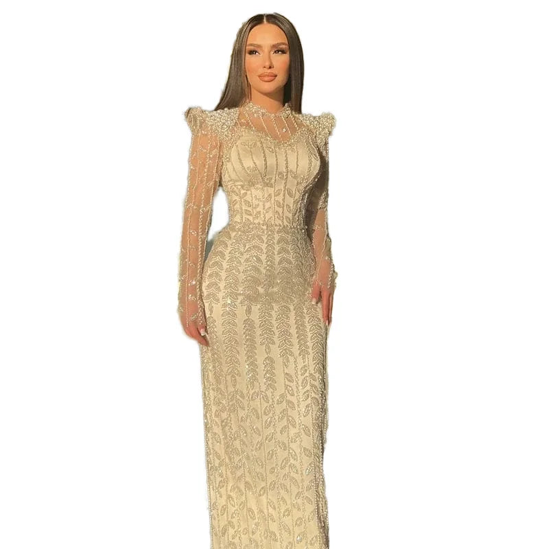 Luxury Elegant Pink Beaded Evening Dress Draped Rhinestone Pearl Long Sleeves for Women Formal Wedding Party