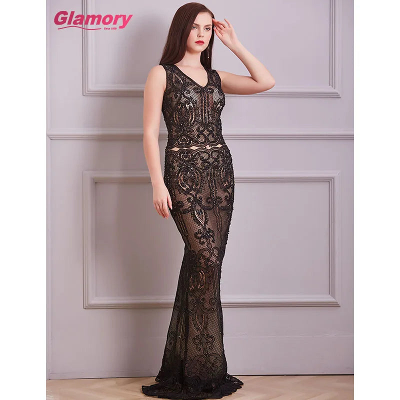 Women Sexy Translucent Black Dresses V-neck Sleeveless Bodycon Long Dance Party Cocktail Evening Dress