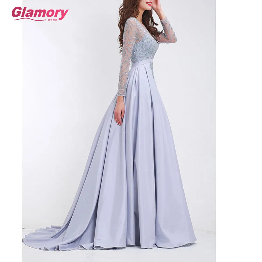 Long Sleeve Muslim Crystal Beaded Satin Tail Evening Dress Women Prom Dresses