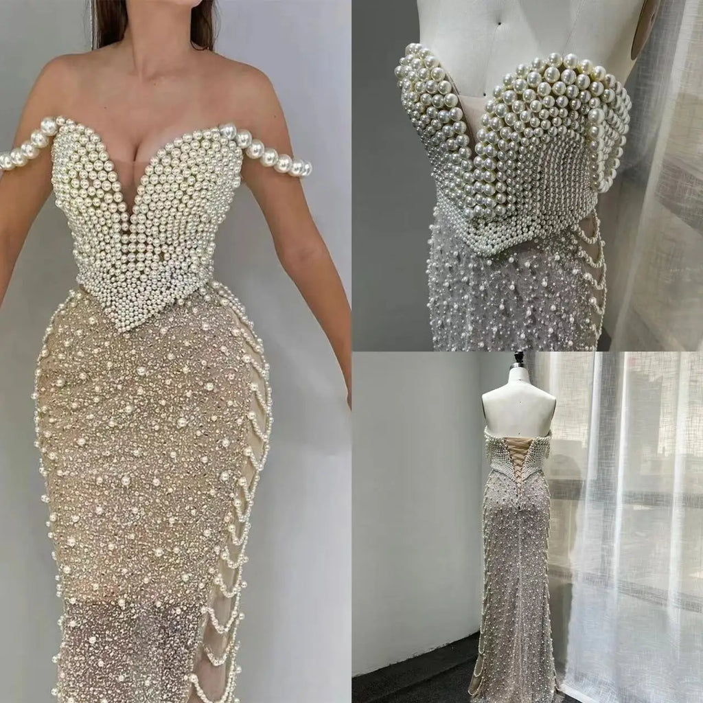 White Nude Elegant Pearls Spaghetti Straps Party Dress 2024 Dubai Mermaid Evening Dresses for Wedding Party
