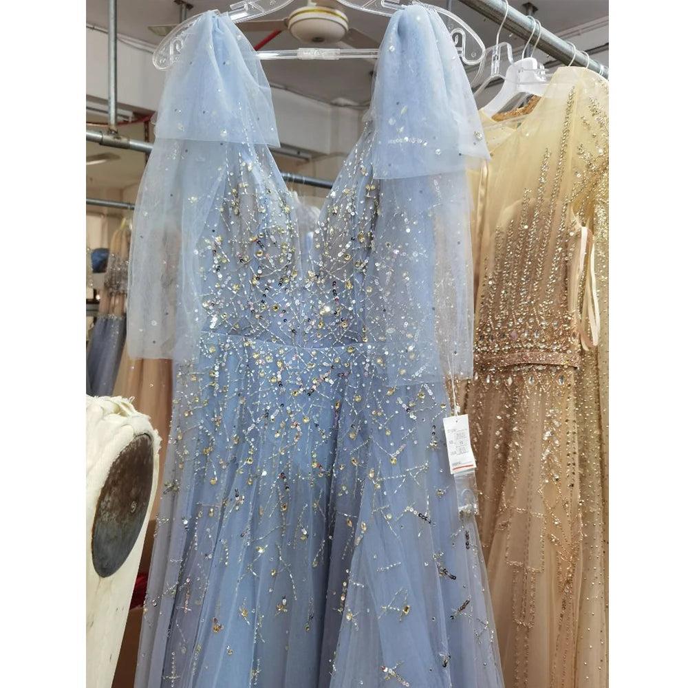 NEW  Women Elegant a Line Evening Dresses Illusion Deep V Neck Beading Party Evening Dresses