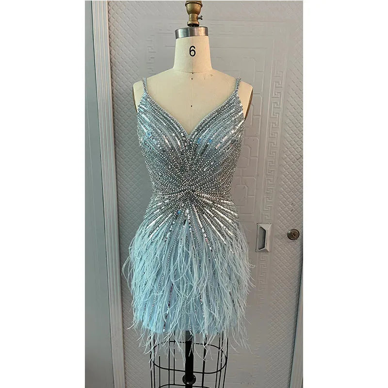 New Short Luxury Beaded Gown With Feathers Sexy Split Thigh Sheer Long Elegant Evening Dresses