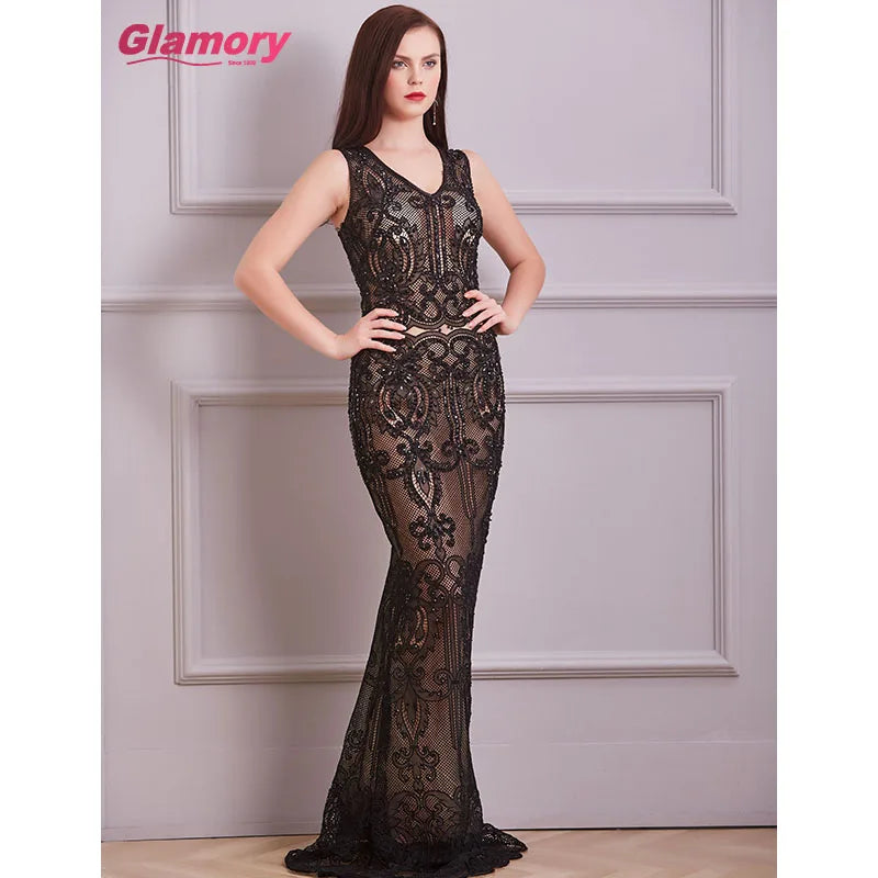 Women Sexy Translucent Black Dresses V-neck Sleeveless Bodycon Long Dance Party Cocktail Evening Dress