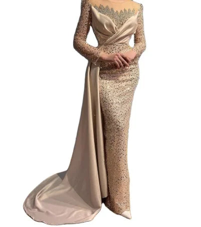 2022 Champagne Mermaid O Neck Banquet Sequin Long Sleeve Prom Dress Beaded Robe De Soiree Evening Dresses
