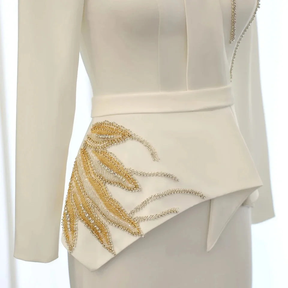 Elegant White Mermaid  MuslimEvening Dress With Long Sleeves Gold Beaded Arab Muslim Women Wedding Party Gowns