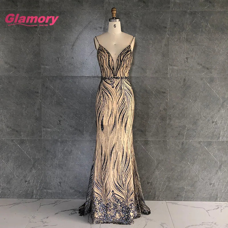 2020 Latest Design Sequin Fishtail Evening Sexy Spaghetti V-neck Open Back Long Maxi Prom Dress