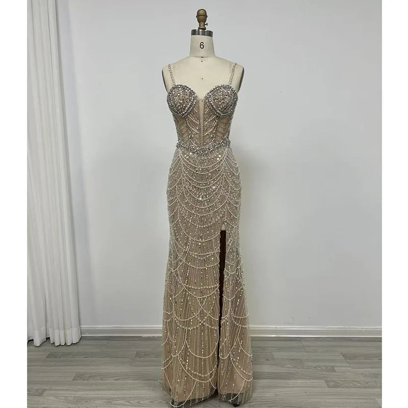 Luxury Dubai Mermaid Crysta Rhinestones Nude Evening Dresses Elegant Sweetheart Beaded Arabic Women Wedding Party Gowns