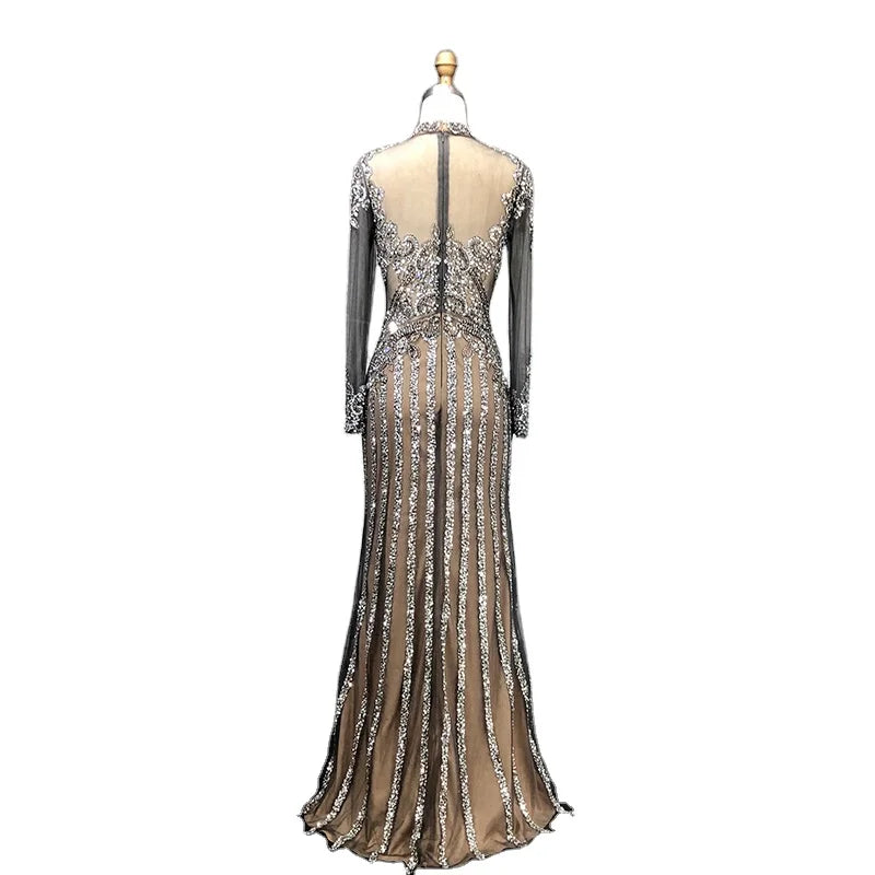 2020 New Women's Long Sleeve Dress Luxury Beading Mermaid Party Halter Neck Turkish Evening Dresses