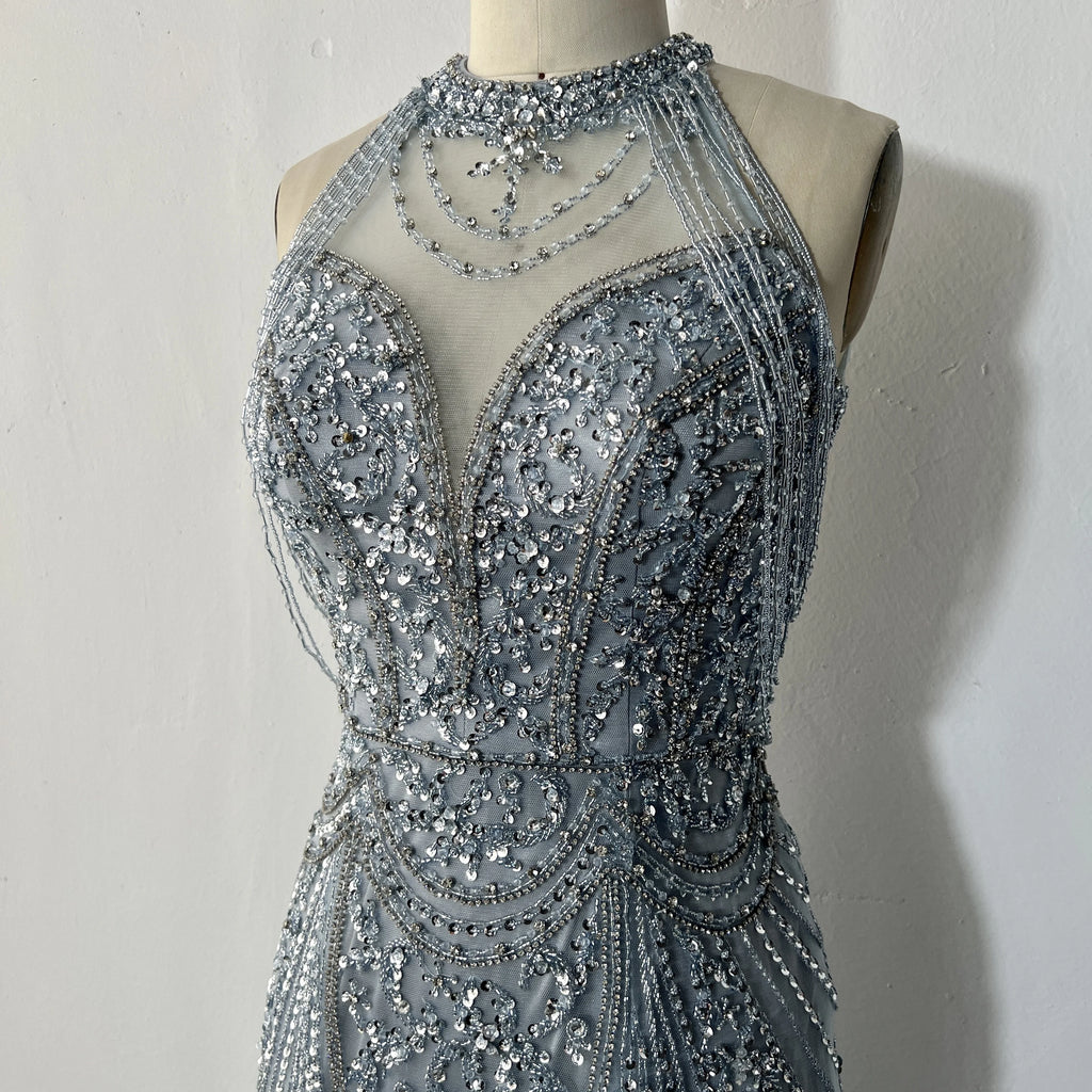 Fashion Party Sexy Halter Neck Crystal Decoration Dubai Dress Luxury Shiny Slim Slimming Beading Banquet Dress