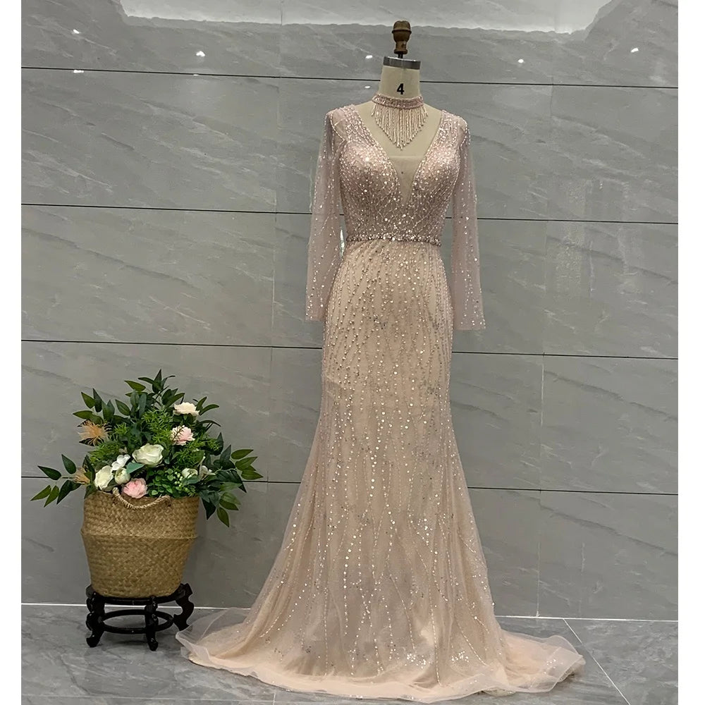 Pink Party Dresses Long V-neck Long Sleeve Sexy Rhinestone Slim Fit Elegant Gown