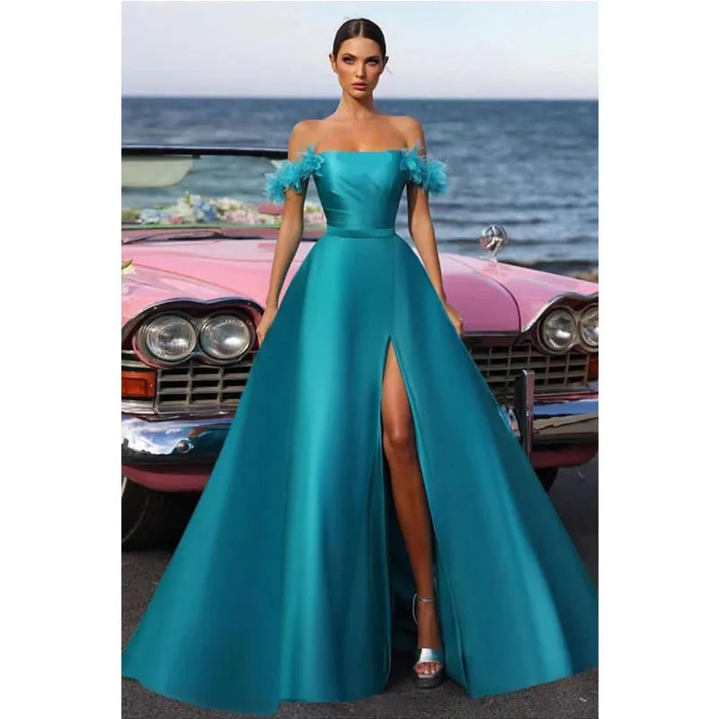 Blue 3D Flower Strapless Natural A-line Sexy High Front Slit Matte Satin Evening Dresses/formal Gowns