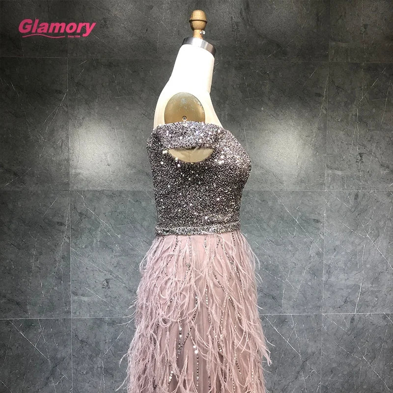 Hot Selling Sexy Woman Beading Prom Dresses Off Shoulder Feather Lady Evening Gowns