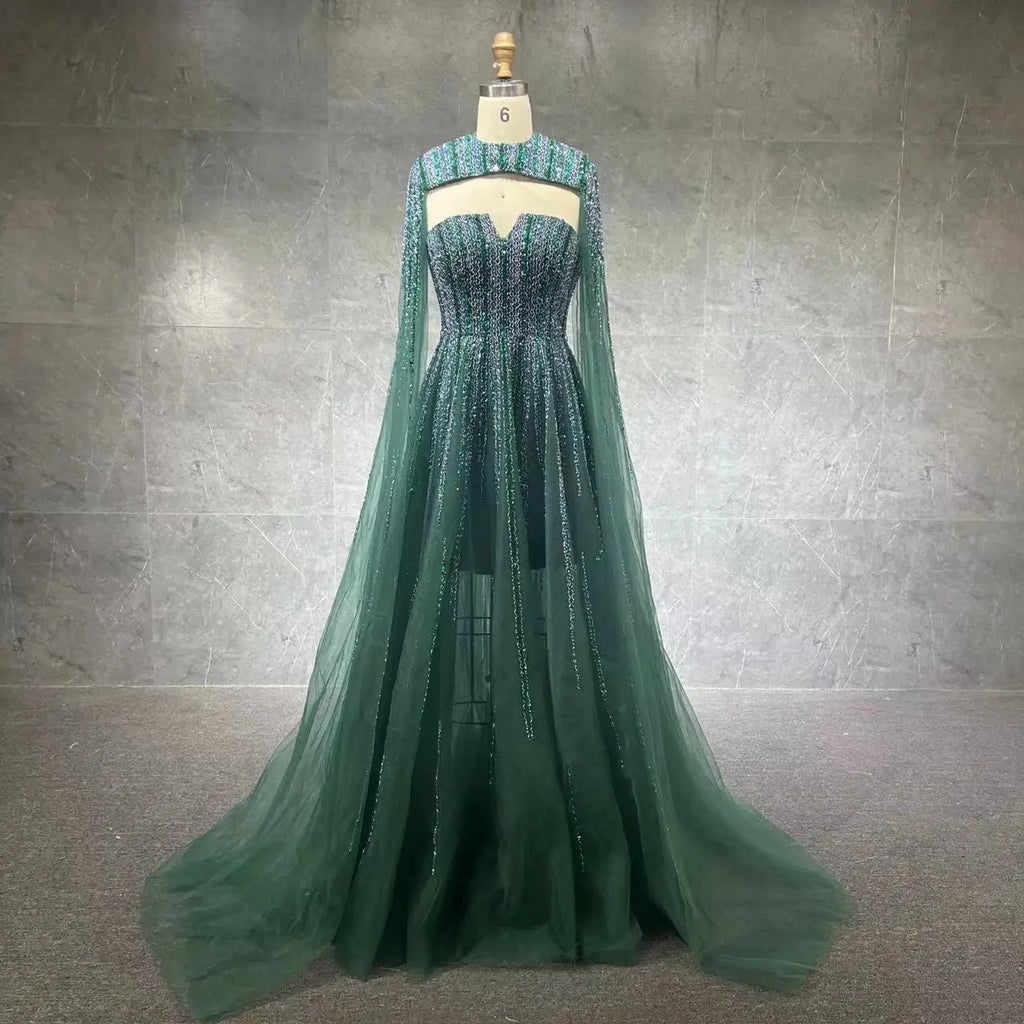 2022 Luxury Beaded V Neck Cape Sleeves A-line Evening Gown for Women Formal Party Dresses Full Natural OEM Service Tulle Adults