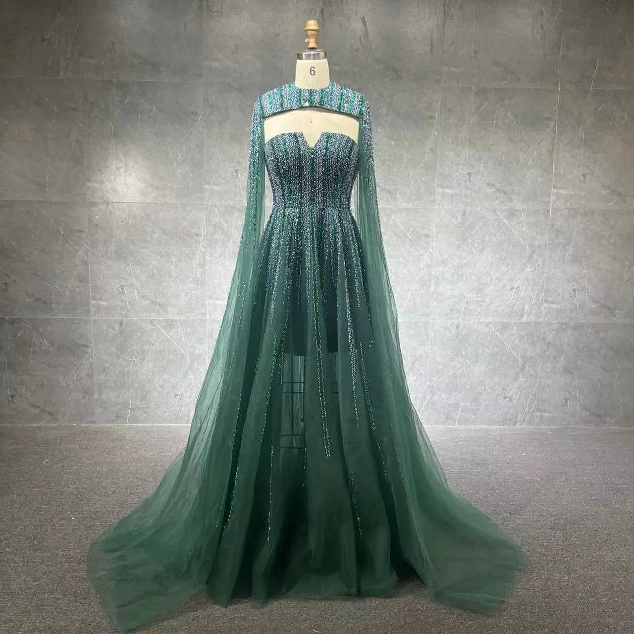 2022 Luxury Beaded V Neck Cape Sleeves A-line Evening Gown for Women Formal Party Dresses Full Natural OEM Service Tulle Adults