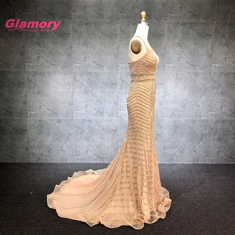 Gold Crystal Beaded Formal Prom Shiny Long Bodycon Evening Dress Ladies Spaghetti Straps Sexy Backless Party Gown
