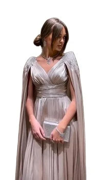 2025  Luxury Crystal Rose Gold Evening Dress With Cape Elegant V-Neck Turquoise Women Wedding Party Gown