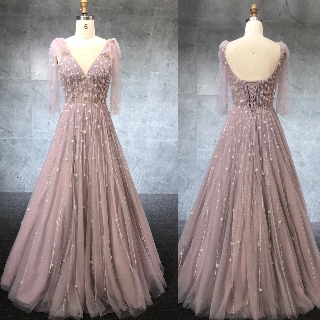 New Style Gorgeous A-line Glitter Tulle Evening Dress Spaghetti Strap With Bow Decoration Crystal Beading Party Gowns