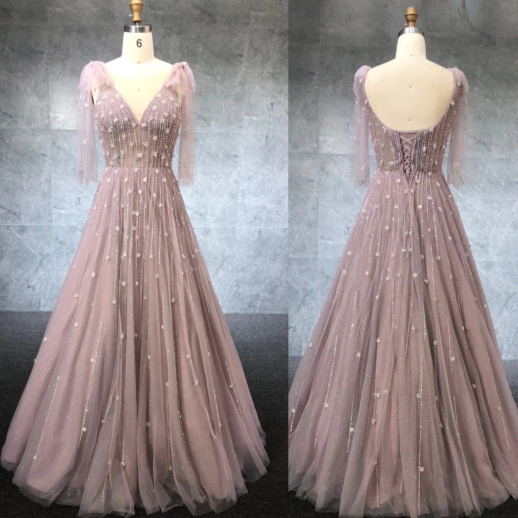 New Style Gorgeous A-line Glitter Tulle Evening Dress Spaghetti Strap With Bow Decoration Crystal Beading Party Gowns