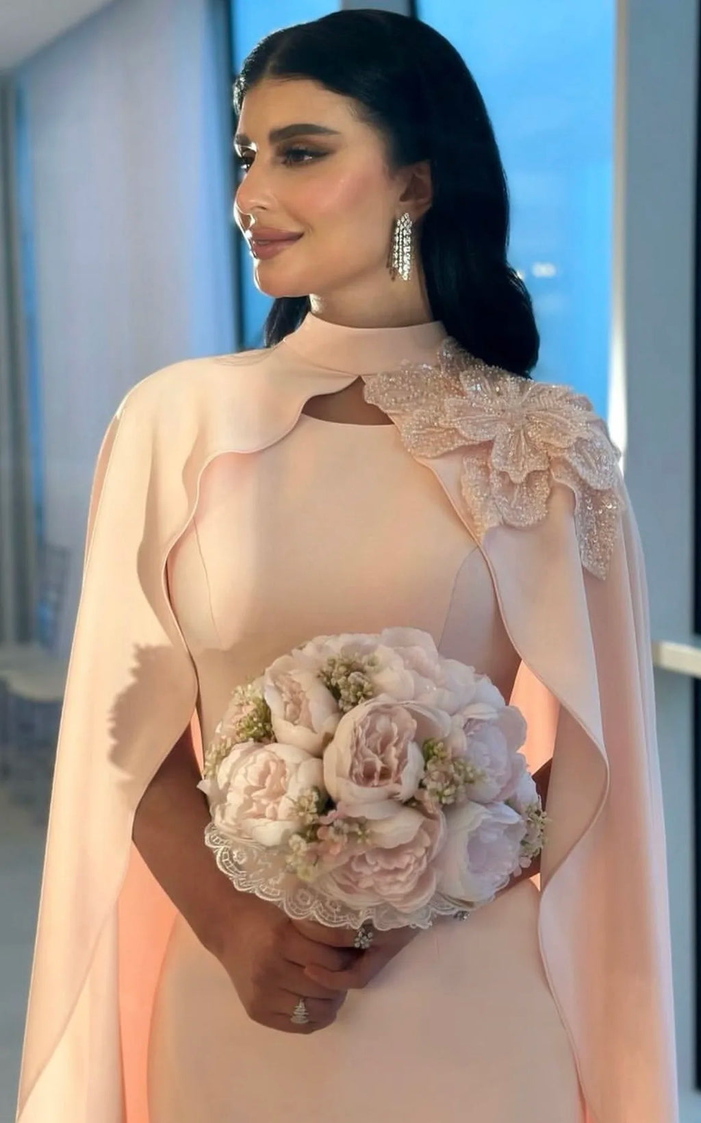 NEW Arrival Pink White Mermaid Evening Dress With Cape Sleeves Arab Beads Flowers Women Wedding Party Gowns