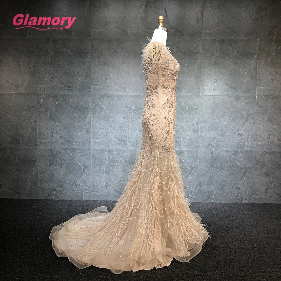 2021 New Champagne V Neck Sleeveless Sexy Luxury Mermaid  Beaded Evening Dresses With Feathers Party Gowns