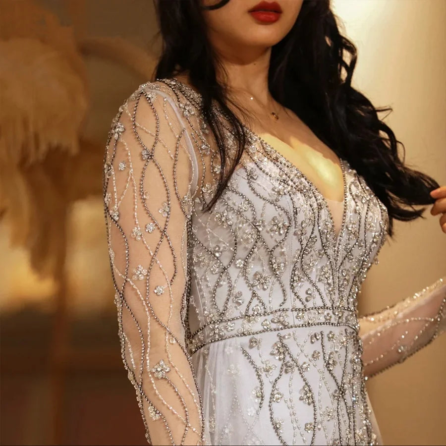 Hot Sale New Design Tulle Prom Dress Long Sleeve  Evening Dresses With Crystal Beading