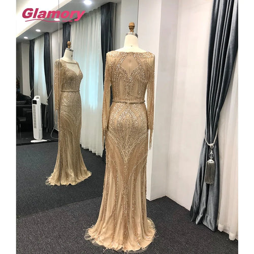 2020 Dubai Turkish Aibye Handwork Maxi Evening Long Sleeve Sparkly Robe De Soiree Prom Dress Formal Gowns for Woman