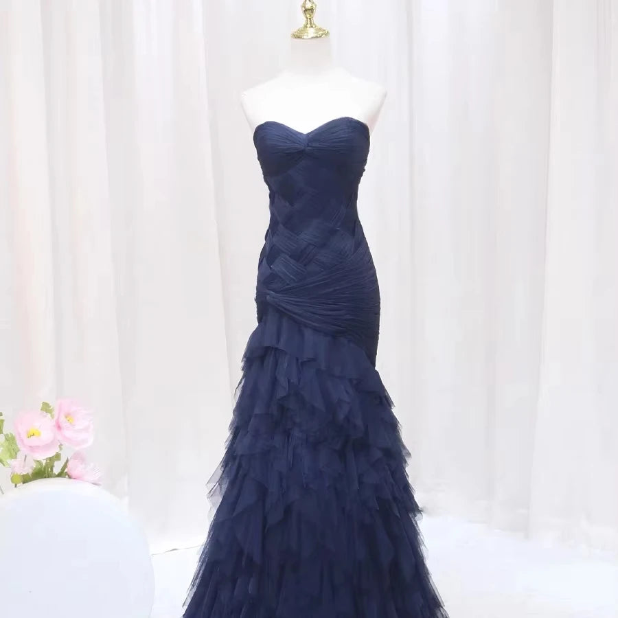 Navy Blue & Red Long Tulle Women Prom Dress  Summer Elegant Evening Birthday Party Gown