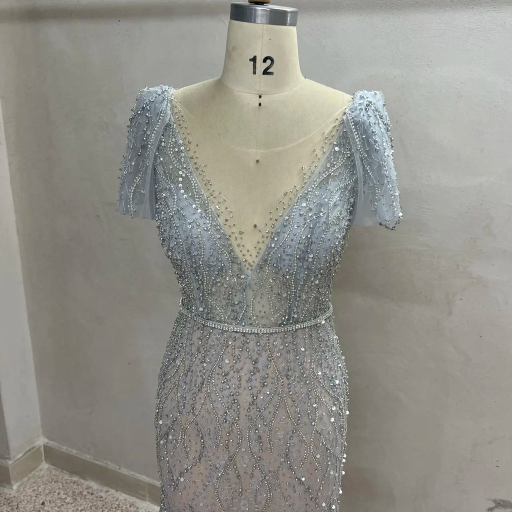 Crystal Sleeveless Shawl Yarn Evening Dresses 2023 Dubai Grey Nude V-Neck Sexy Formal Gown