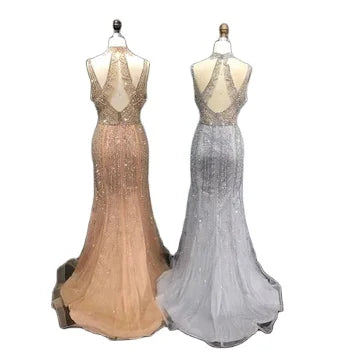 Available Gold Evening Dress Deep V Neck Sexy Sparkly Beading Formal Mermaid Pageant Dresses