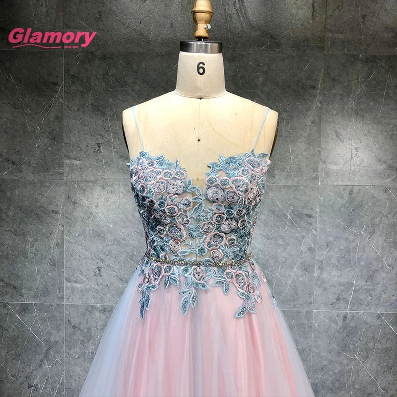 Latest Designs Flower Embroidery Prom a Line Spaghetti Strap Hot Drill Dress Long Formal Evening Gowns