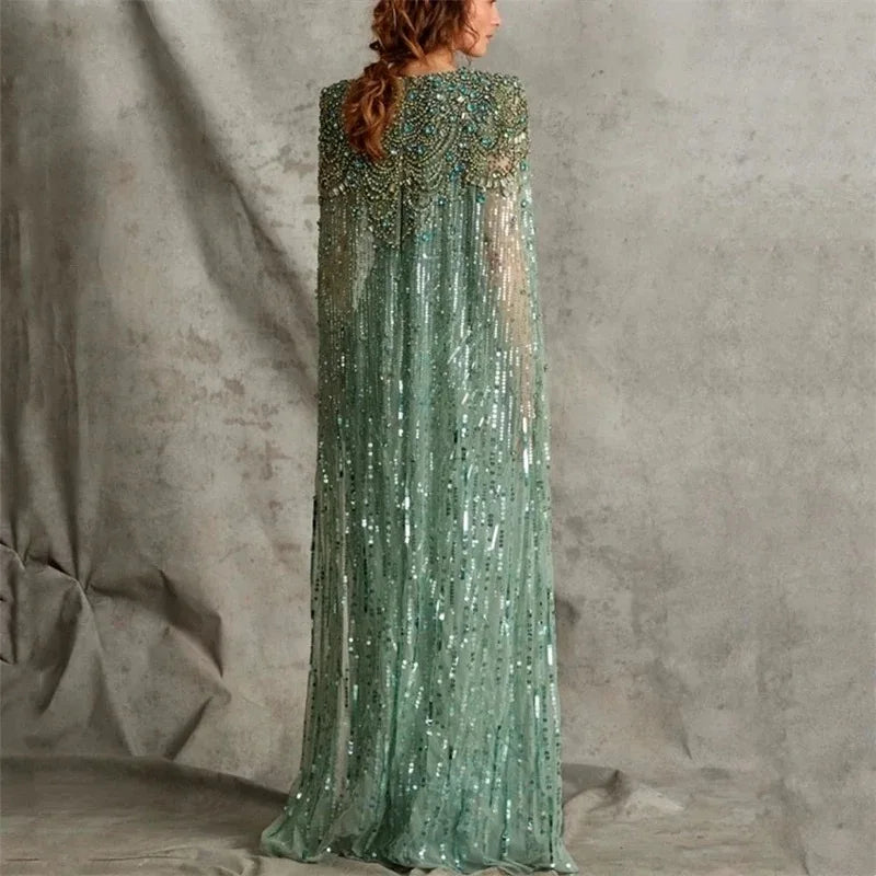 Green Evening Dresses Luxury Dubai With Cape Fuchsia Crystal Gold Mermaid Women Wedding Formal Party Gownlle Adults