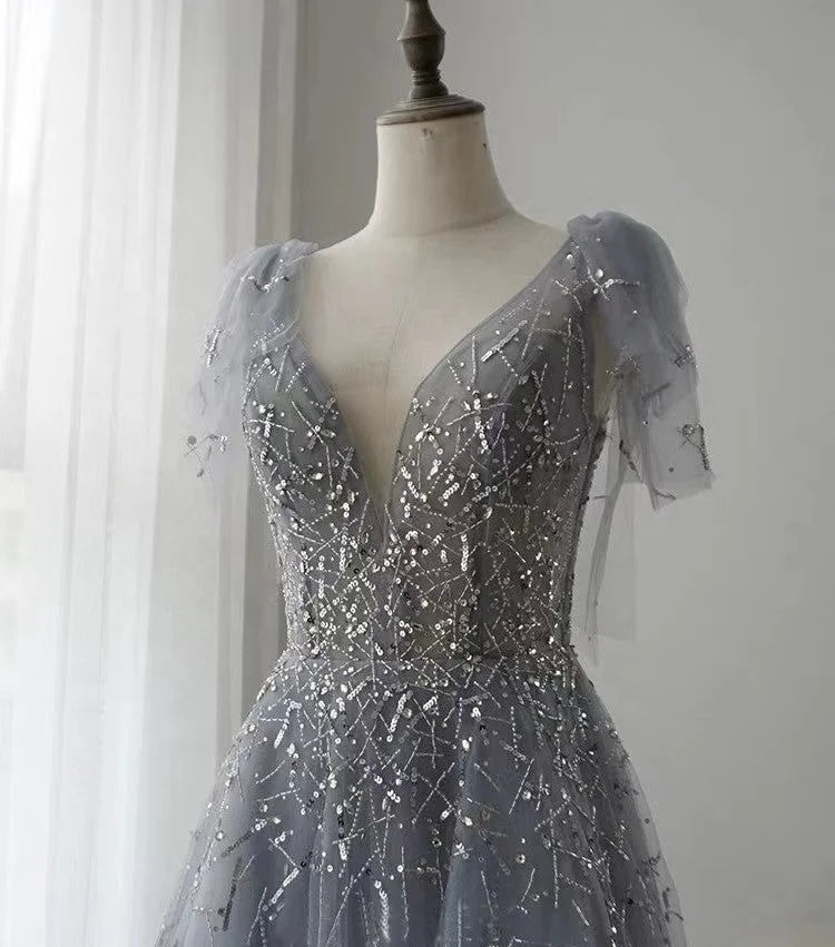 NEW  Women Elegant a Line Evening Dresses Illusion Deep V Neck Beading Party Evening Dresses