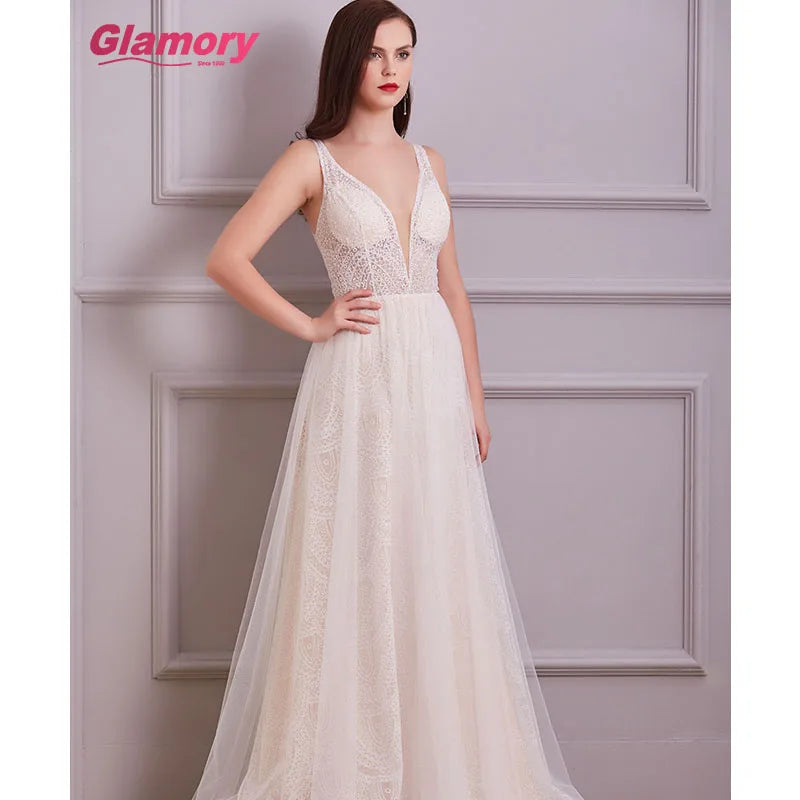 White Dresses Long Sexy See Through Glitter Tulle Prom Floor Length Evening Dress for Women