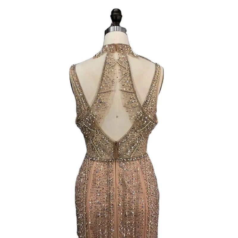 Available Gold Evening Dress Deep V Neck Sexy Sparkly Beading Formal Mermaid Pageant Dresses