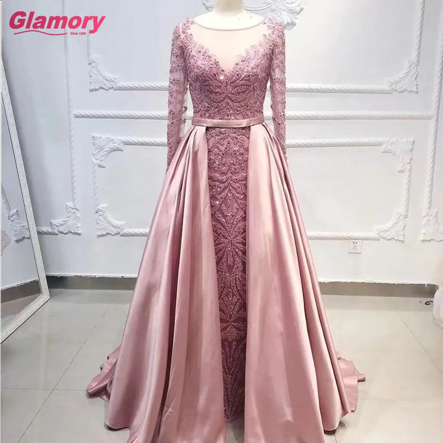 Long Sleeve Muslim Crystal Beaded Satin Tail Evening Dress Women Prom Dresses