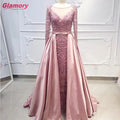 Long Sleeve Muslim Crystal Beaded Satin Tail Evening Dress Women Prom Dresses