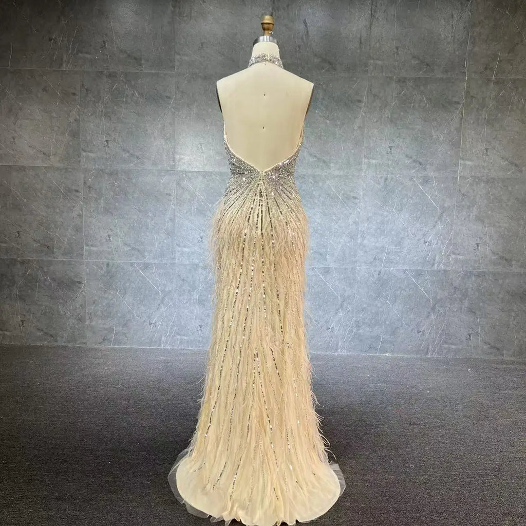 New Arrival Luxury Beaded Gown With Feathers High Neck Thigh Sheer Long Elegant Evening Dresses