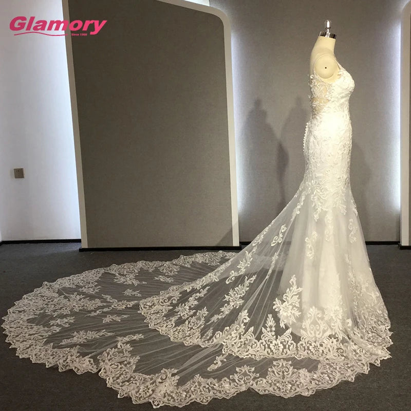 White Marriage Lace Fabric Bride Gown Spaghetti Straps Tulle Mermaid Wedding Dress Made in Chaozhou